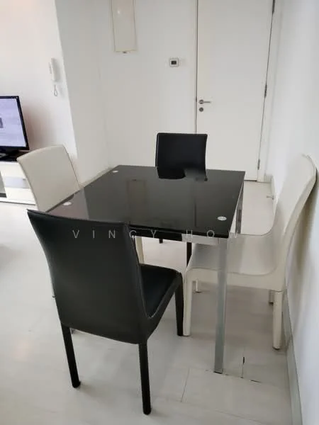 Dining features: black glass dining table, 4 dining chairs, 2 black chairs, 2 white chairs, white painted walls, light-colored flooring, minimalist decor; style: modern.