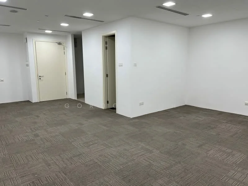 Room features: white painted walls, carpet flooring in beige, doorway to adjacent room, doorway to hallway, ceiling lights, air conditioning vent; style: modern.