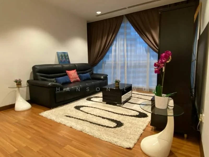 Living features: black leather sofa, 2 white side tables, black coffee table, area rug with geometric pattern, floor-to-ceiling windows, sheer curtains, dark brown drapes, wooden flooring, decorative orchid plant; style: modern.