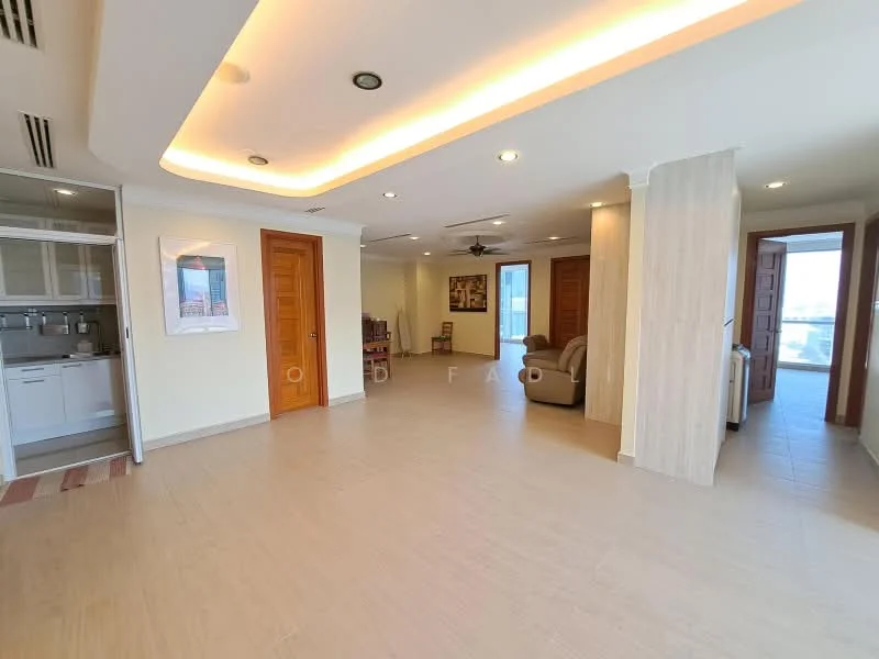 Living features: cream painted walls, recessed ceiling with LED lighting, tile flooring, 5-blade ceiling fan, floor-to-ceiling windows, sliding glass door, open layout, natural light, neutral color palette, decorative wall paneling, space for furniture arrangement; style: modern; view: city. Kitchen features: white cabinetry, stainless-steel appliances, granite countertop, single-bowl stainless-steel sink, chrome pull-down faucet, open layout to living area; style: modern.