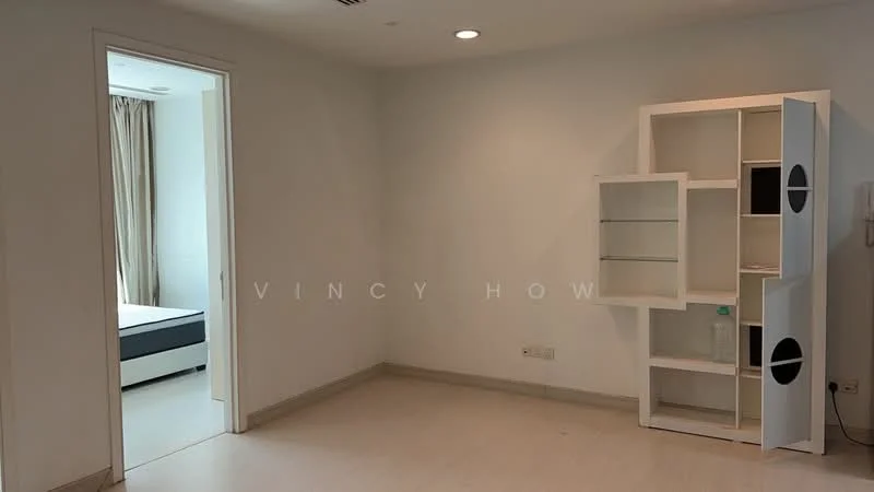 Room features: white painted walls, light-colored flooring, recessed downlights, built-in shelving unit with glass doors, doorway leading to another room, curtains on window, minimalist decor; style: modern.