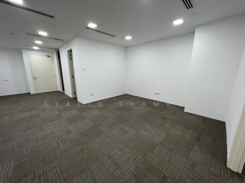 Room features: white painted walls, carpet flooring in brown, recessed downlights, multiple doorways, neutral decor, air conditioning vent, no visible furniture, open layout; style: modern.