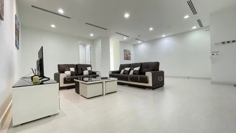 Living features: 2-seater fabric sofa in brown, 3-seater fabric sofa in brown, coffee table with storage, TV console, wall-mounted TV, white painted walls, light-colored laminate flooring, recessed downlights, air conditioning unit, decorative wall art; style: modern.