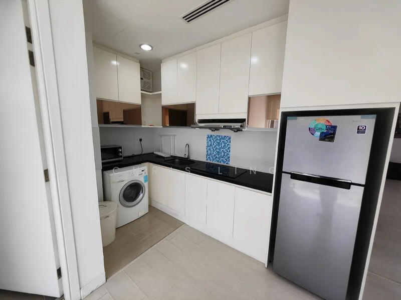 Kitchen features: white cabinetry, black countertop, stainless-steel fridge, built-in oven, 4-burner gas hob, stainless-steel range hood, single-bowl stainless-steel sink, chrome pull-down faucet, washing machine, tile backsplash with blue pattern, recessed downlights, floor tiles, open shelving; style: modern.