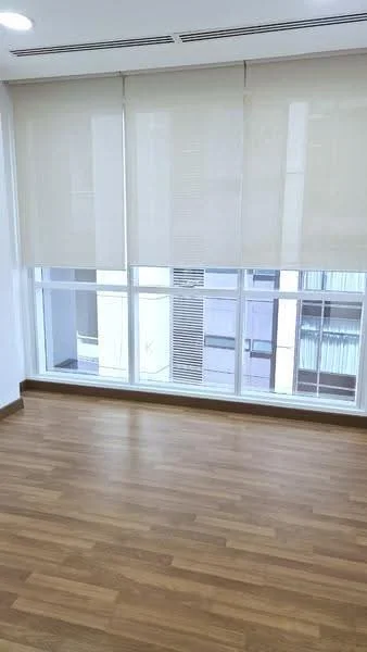 Room features: wooden flooring, large windows with sheer roller blinds, white painted walls, air conditioning vent, ceiling with recessed lighting; style: modern; view: city.
