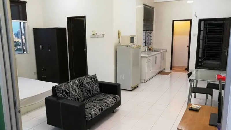 Living features: black fabric sofa with patterned upholstery, white walls, tile flooring, window with city view, built-in wardrobe, microwave, stainless-steel fridge, kitchen cabinets, kitchen countertop, sink, stove, dining table with chairs, door leading to another room; style: modern; view: city. Room features: unmade bed with mattress, white bedding, door to bathroom.