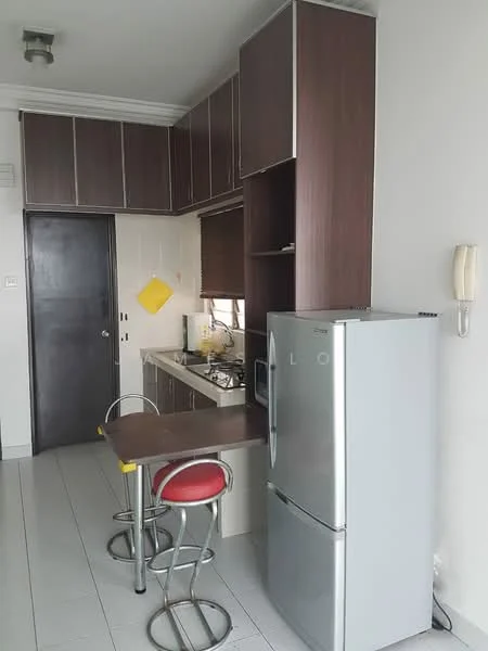 Kitchen features: brown wooden cabinetry, white tiled backsplash, stainless-steel fridge, gas stove with burner, single-bowl stainless-steel sink, chrome faucet, countertop with bar seating, red bar stools, white tiled flooring, window with blinds; style: modern.