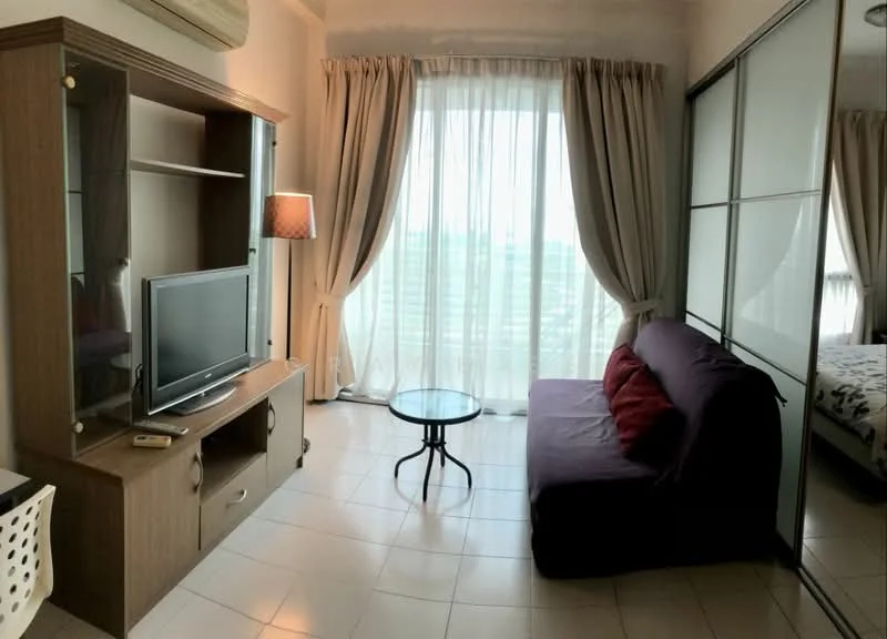 Living features: sofa bed in purple, red accent pillows, glass coffee table, TV console with storage, wall-mounted TV, floor-to-ceiling windows, sheer curtains, ceramic tile flooring, air conditioning unit, decorative lamp; style: modern; view: city.