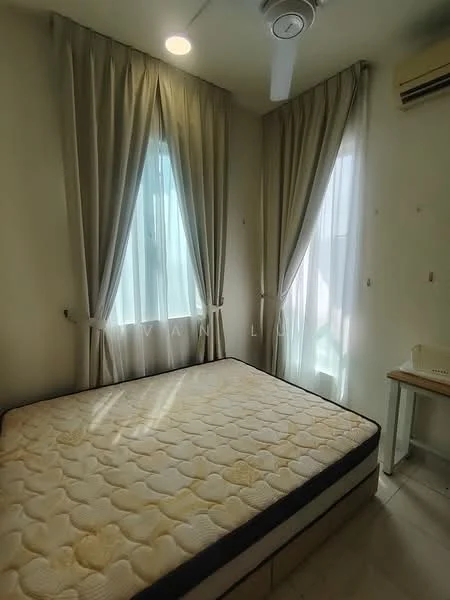 Bedroom features: queen-size bed, light-colored bedding, two large windows with sheer curtains, white painted walls, light wood flooring, 5-blade ceiling fan, wall-mounted air conditioning unit, small bedside table; style: modern.
