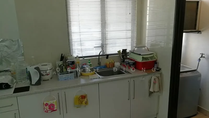 Kitchen features: single-bowl stainless-steel sink, chrome pull-down faucet, white cabinetry, grey countertop, window with blinds, microwave, toaster, rice cooker, dishwasher, washing machine, various kitchen utensils, storage containers; style: modern.