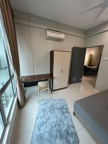 Bedroom features: queen-size bed, upholstered headboard, 2 bedside lamps, built-in wardrobe, study desk, chair, area rug with geometric pattern, floor-to-ceiling windows, curtains, wall-mounted split AC, white painted walls, tile flooring; style: modern; view: city.