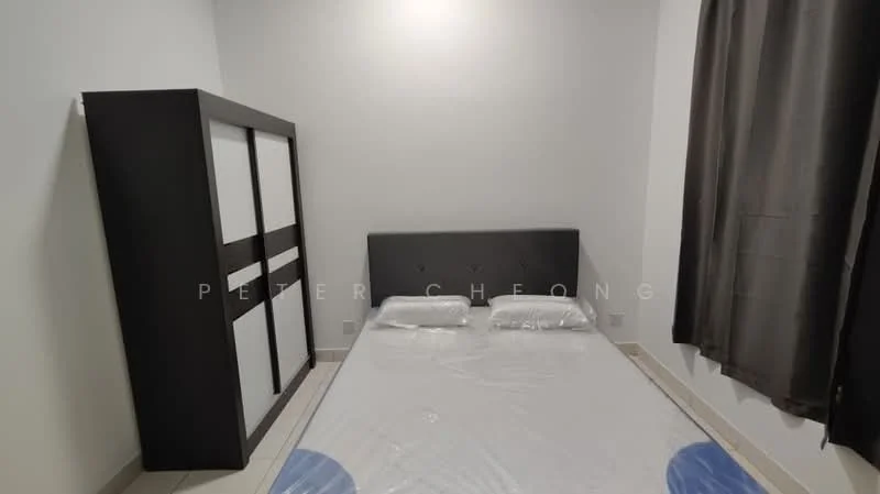Bedroom features: queen-size bed with mattress, upholstered headboard, built-in wardrobe with sliding doors, grey walls, tile flooring, blackout curtains, two pillows, plastic mattress cover; style: modern.