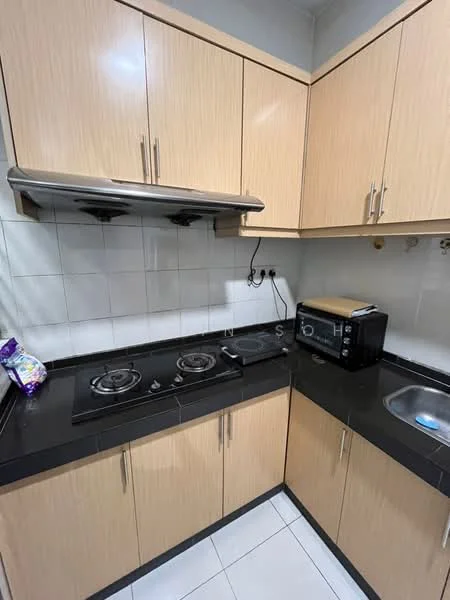 Kitchen features: laminate cabinetry in light wood finish, black granite countertop, stainless-steel sink, 2-burner gas hob, stainless-steel range hood, built-in microwave, toaster, white tiled backsplash, white tiled flooring, wall-mounted electrical outlets; style: modern.