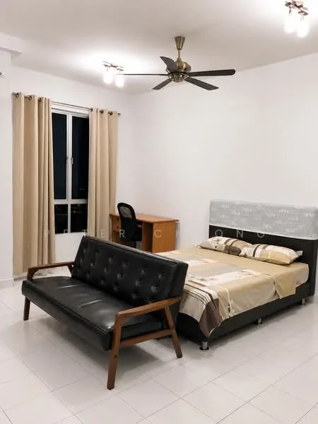 Bedroom features: queen-size bed, upholstered headboard, 2 bedside lamps, black leather sofa, wooden study desk, chair, floor-to-ceiling window, curtains, ceiling fan with light, white painted walls, tile flooring; style: modern.