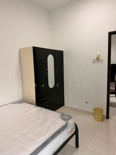 Bedroom features: white painted walls, tile flooring, single bed frame, mattress, black wardrobe with mirror, wastebasket, window, light fixture.