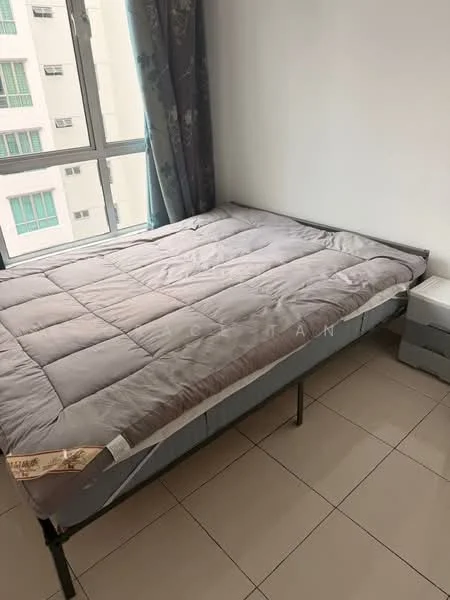 Bedroom features: queen-size bed, grey comforter, white walls, tile flooring, floor-to-ceiling windows, curtains, nightstand, built-in wardrobe; style: modern; view: city.