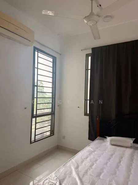 Bedroom features: white painted walls, tile flooring, 5-blade ceiling fan, floor-to-ceiling windows, blackout curtains, double bed, decorative pillow, air conditioning unit.