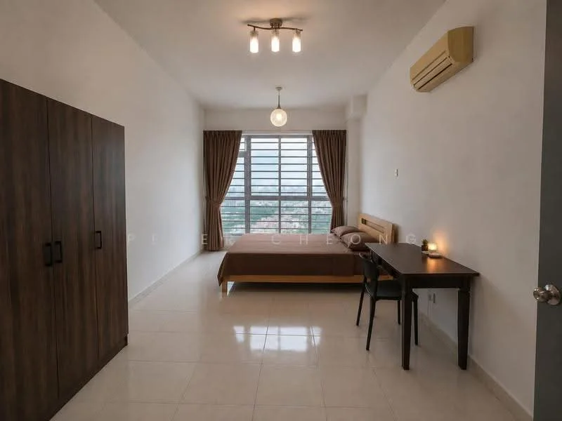 Bedroom features: queen-size bed with brown bedding, wooden headboard, 2 bedside lamps, built-in wardrobe with sliding doors, study desk with chair, floor-to-ceiling windows, curtains, wall-mounted air conditioning unit, white painted walls, glossy tile flooring, ceiling light fixture; style: modern; view: city.