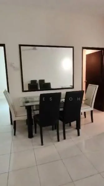 Dining features: glass dining table, 4 black upholstered dining chairs, large wall mirror, white painted walls, tile flooring, ceiling light fixture, dark wood door, neutral decor; style: modern.