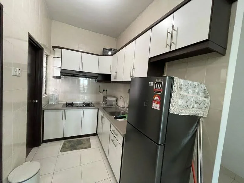 Kitchen features: white and brown cabinetry, stainless-steel fridge, built-in gas stove, exhaust hood, double-basin stainless-steel sink, grey countertop, ceramic tile flooring, wall-mounted microwave, kitchen rug, window above sink; style: modern.