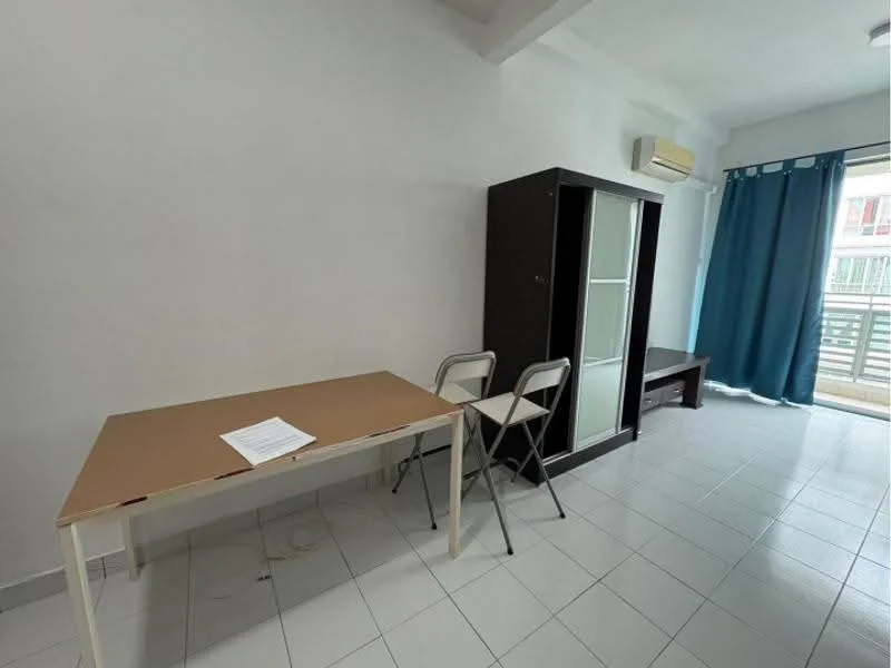 Room features: white painted walls, tile flooring, window with blue curtains, air conditioning unit, brown wardrobe with glass doors, brown wooden bench, folding chairs, table with beige surface, document on table; style: minimalist.