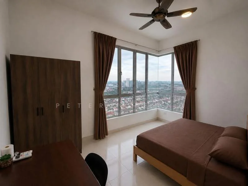 Bedroom features: king-size bed, upholstered headboard, floor-to-ceiling windows, brown curtains, ceiling fan with light, wooden wardrobe, study desk, tile flooring, decorative plant on desk; style: modern; view: city.