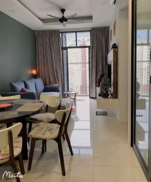 Living features: 3-seater fabric sofa in blue, ceiling fan, floor-to-ceiling windows, curtains, wall-mounted TV, wooden TV console, decorative plant, area rug, wall with dark green paint, light-colored tiled flooring, coffee table, wall-mounted shelving, artwork on wall; style: modern; view: city. Dining features: round dining table, 4 dining chairs with patterned upholstery, decorative table setting; style: modern.