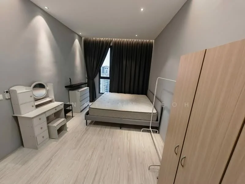 Bedroom features: grey painted walls, wooden flooring, floor-to-ceiling window, blackout curtains, queen-size bed frame without mattress, white dressing table with mirror, white chest of drawers, wooden wardrobe, recessed downlights; style: modern; view: city.