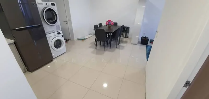 Dining features: dining table with six chairs, ceramic tile flooring, white painted walls, recessed downlights, washing machine, tumble dryer, black refrigerator, decorative flower arrangement; style: modern.