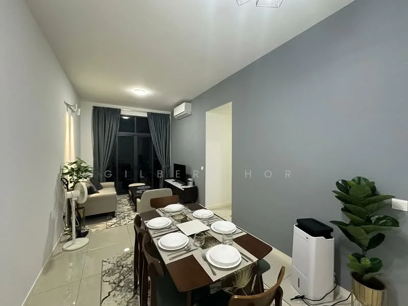 Dining features: 6-seater dining table, wooden dining chairs, grey accent wall, white painted walls, marble tile flooring, floor-to-ceiling windows, curtains, wall-mounted split AC, decorative ceiling light, area rug; style: modern; view: city. Room features: white painted walls, marble tile flooring.