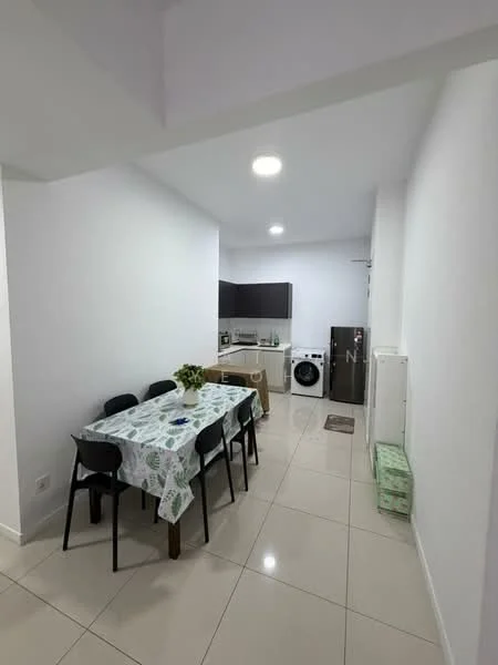 Kitchen features: white painted walls, glossy tile flooring, recessed downlights, black cabinetry, stainless-steel fridge, front-load washing machine, dining table with floral tablecloth, black dining chairs, kitchen countertop, kitchen sink, wall-mounted cabinets; style: modern.