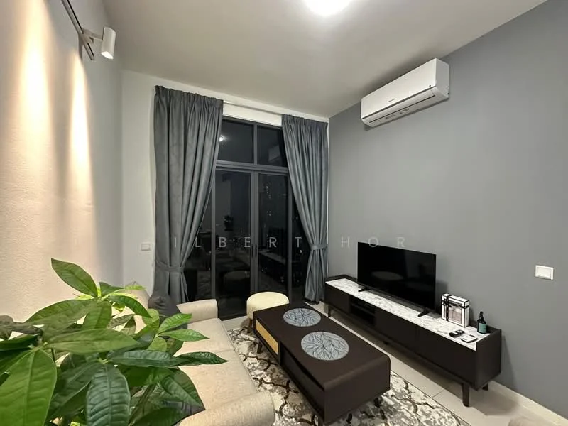 Living features: light grey painted walls, marble tile flooring, 5-blade ceiling fan with light, floor-to-ceiling windows, grey curtains, sofa in beige, coffee table with circular design, TV console in dark wood, wall-mounted TV, decorative plant, air conditioning unit; style: modern; view: city.