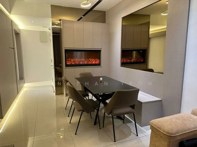 Dining features: rectangular dining table, upholstered dining chairs in beige, mirrored wall panel, built-in wall fireplace with decorative stones, recessed ceiling lights, white glossy tile flooring, neutral-toned wall panels, decorative candle on the table; style: modern.
