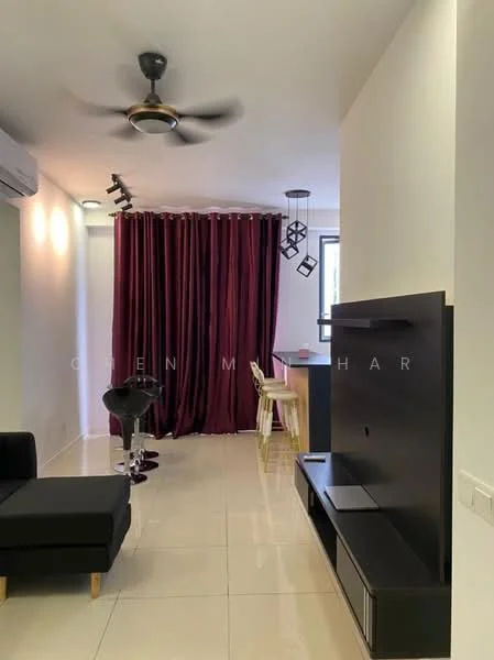 Living features: black fabric sofa, 5-blade ceiling fan with light, wall-mounted TV, black TV console, cream tiled flooring, recessed downlights, curtains in burgundy, bar stools, open layout to dining area; style: modern.