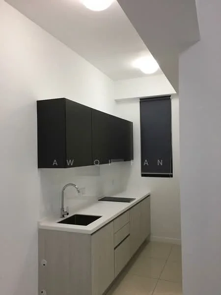 Kitchen features: white painted walls, light grey cabinetry, black upper cabinets, double-bowl stainless-steel sink, chrome pull-down faucet, white countertop, ceramic tile flooring, recessed LED downlights, roller blinds on window; style: modern.
