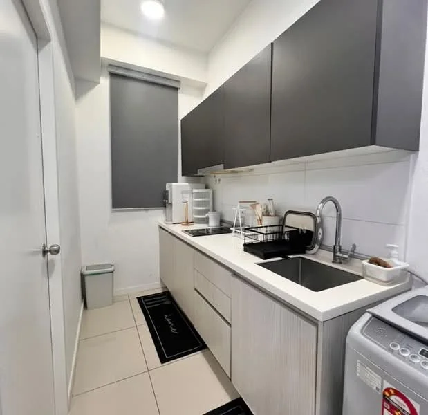 Kitchen features: white cabinetry with wood grain texture, black upper cabinets, white countertop, single-bowl stainless-steel sink, chrome pull-down faucet, built-in microwave, electric stove, refrigerator, washing machine, tile flooring, roller blinds on window, LED ceiling lights, kitchen mat; style: modern.
