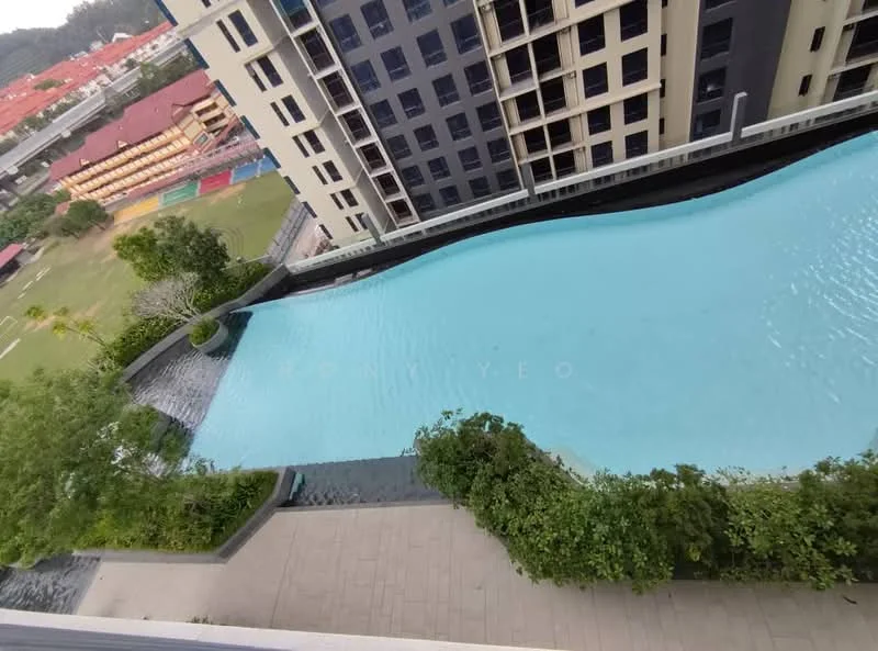 Exterior type: high-rise condominium; features: infinity pool, pool deck, landscaped garden, surrounding greenery, view of sports field, modern architecture; style: modern.
