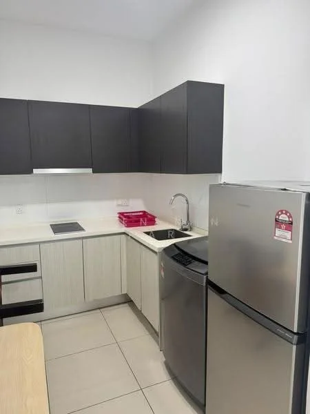 Kitchen features: dark wood cabinetry, light wood lower cabinets, white countertop, single-bowl stainless-steel sink, chrome pull-down faucet, built-in electric cooktop, stainless-steel fridge, stainless-steel dishwasher, ceramic tile flooring, white tiled backsplash, under-cabinet lighting; style: modern.