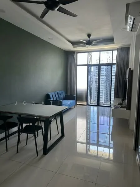 Living features: grey accent wall, white painted walls, polished tile flooring, 5-blade ceiling fan, sofa in blue, dining table with black legs, 4 black dining chairs, floor-to-ceiling windows, curtains, TV console, wall-mounted TV, decorative wall shelf; style: modern; view: city.