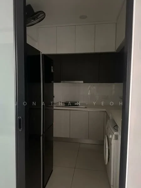 Kitchen features: black cabinetry, white upper cabinets, stainless-steel fridge, built-in oven, ceramic cooktop, white backsplash, single-bowl stainless-steel sink, chrome pull-down faucet, front-load washing machine, tile flooring, recessed downlights, wall-mounted ceiling fan; style: modern.