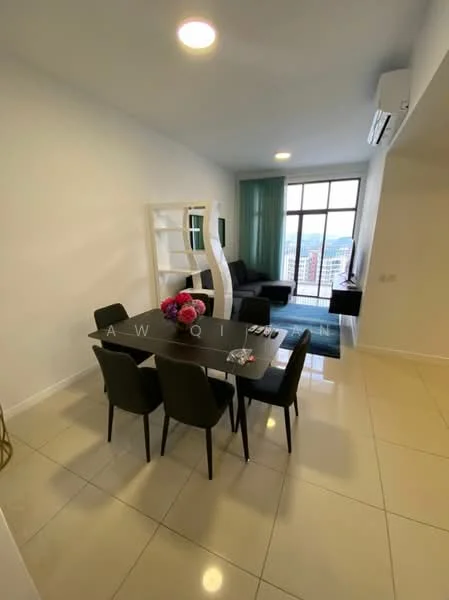 Dining features: 6-seater dining table, black upholstered dining chairs, white shelving unit, large window with city view, light-colored tiled flooring, recessed ceiling lights, air conditioning unit on wall, decorative vase with flowers; style: modern; view: city. Living features: black fabric sofa, light-colored wall, curtains, floor-to-ceiling window, decorative wall art; style: modern; view: city.