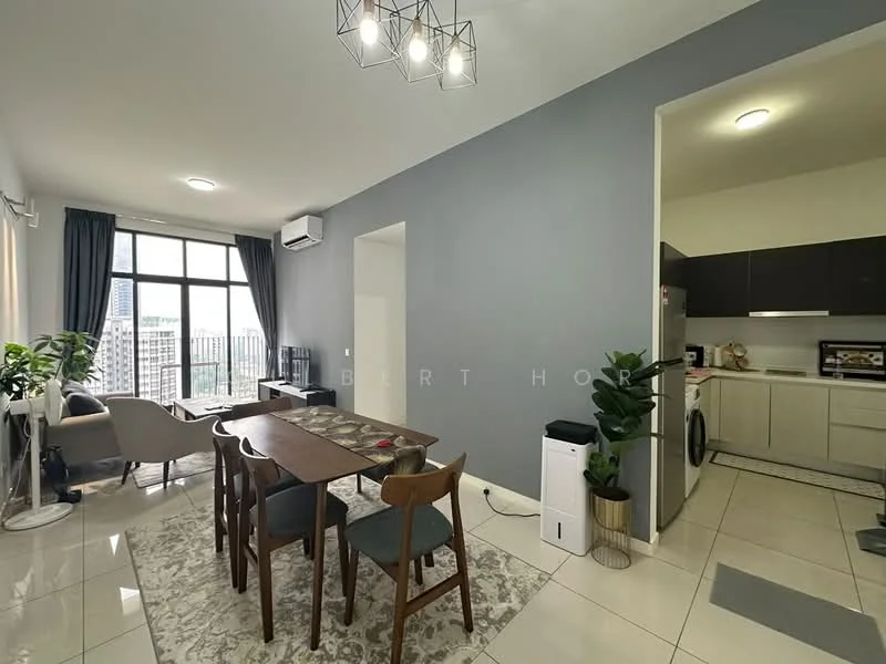 Dining features: 6-seater dining table, wooden dining chairs, area rug with geometric pattern, pendant light fixture, floor-to-ceiling windows, city view, grey painted walls, white tiled flooring; style: modern; view: city. Living features: fabric sofa in beige, coffee table, potted houseplants, curtains, wall-mounted air conditioning unit; style: modern; view: city. Kitchen features: stainless-steel fridge, built-in oven, freestanding range oven, microwave, white cabinetry, black countertops, tile backsplash; style: modern.