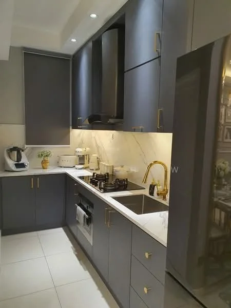 Kitchen features: grey cabinetry with gold handles, white marble countertop, white marble backsplash, stainless-steel sink, gold gooseneck faucet, built-in oven, 4-burner gas hob, stainless-steel range hood, refrigerator, kitchen appliances including kettle and coffee machine, under-cabinet lighting, tile flooring in white, wall-mounted cabinets, open shelving; style: modern.
