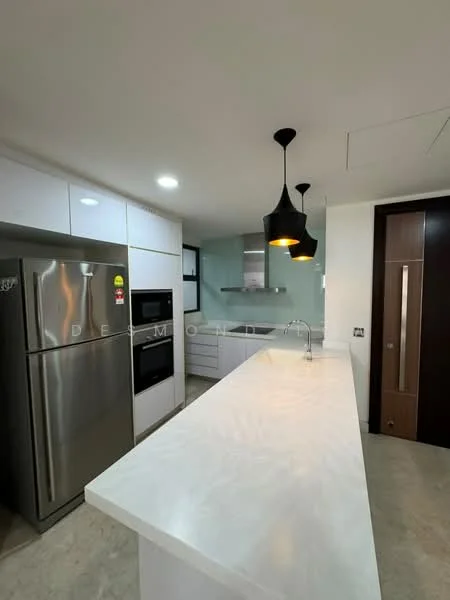Kitchen features: white marble countertop, stainless-steel fridge, built-in oven, microwave, white cabinetry, black pendant lights, recessed downlights, ceramic tile flooring, single-bowl stainless-steel sink, chrome pull-down faucet; style: modern.