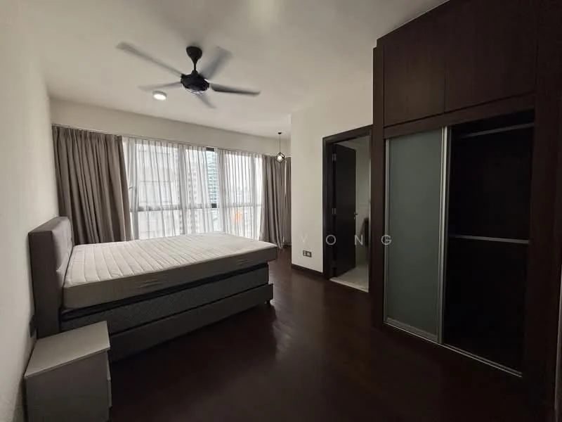 Bedroom features: queen-size bed, upholstered headboard, wooden flooring, 5-blade ceiling fan, floor-to-ceiling windows, sheer curtains, built-in wardrobe with sliding doors, nightstand, neutral wall color; style: modern; view: city.