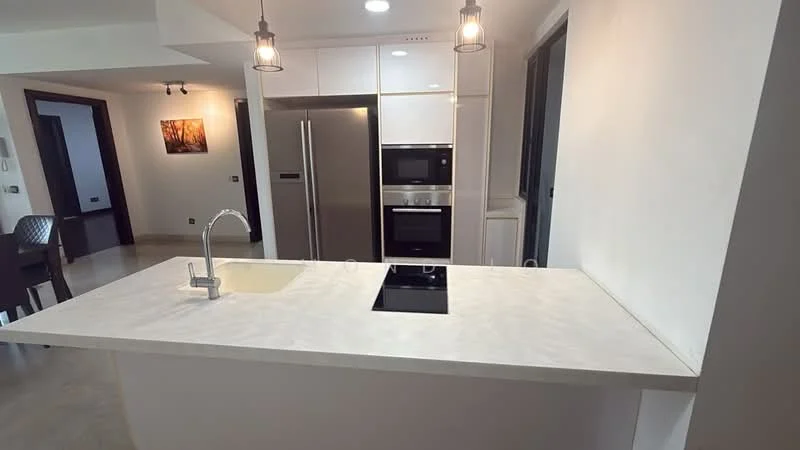 Kitchen features: white cabinetry, stainless-steel fridge, built-in oven, built-in microwave, induction cooktop, single-bowl sink, chrome pull-down faucet, marble countertop, pendant lighting, open layout, tile flooring, wall-mounted cabinets, backlit cabinetry; style: modern.