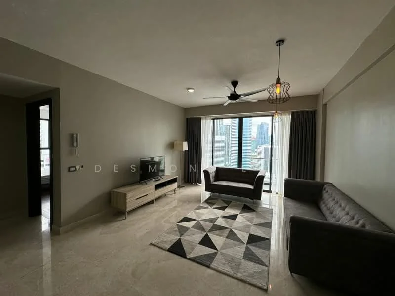 Living features: marble tile flooring, grey painted walls, 5-blade ceiling fan with light, pendant light, sofa in grey, 3-seater fabric sofa, area rug with geometric pattern, TV console, wall-mounted TV, floor-to-ceiling windows, curtains, city view; style: modern; view: city.