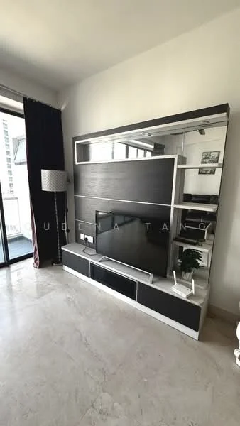 Living features: grey feature wall with mirror, built-in TV console, wall-mounted TV, marble flooring, floor-to-ceiling windows, curtains, decorative lamp, open layout; style: modern; view: city.
