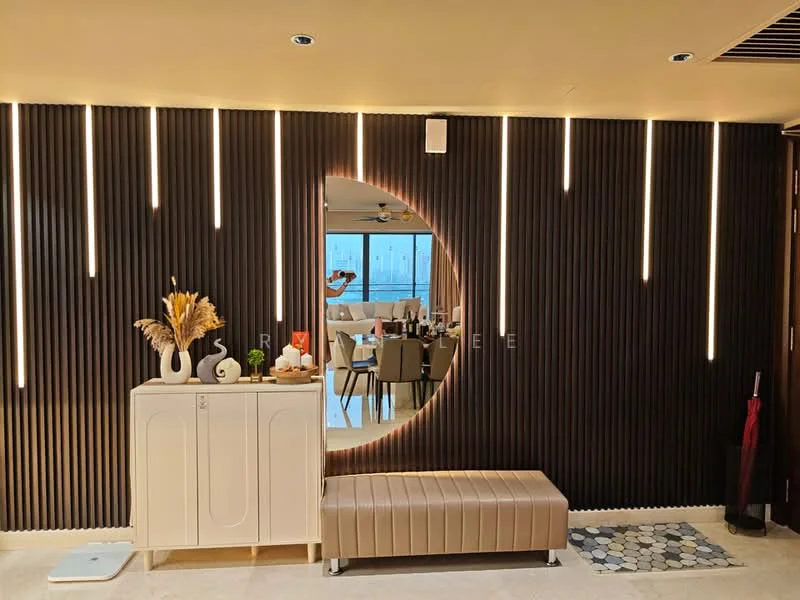 Room features: dark wood panelled accent wall, round mirror, white console cabinet, beige upholstered bench, decorative vase with dried flowers, LED strip lighting, floor tiles in light colour, window with city view; style: modern; view: city.