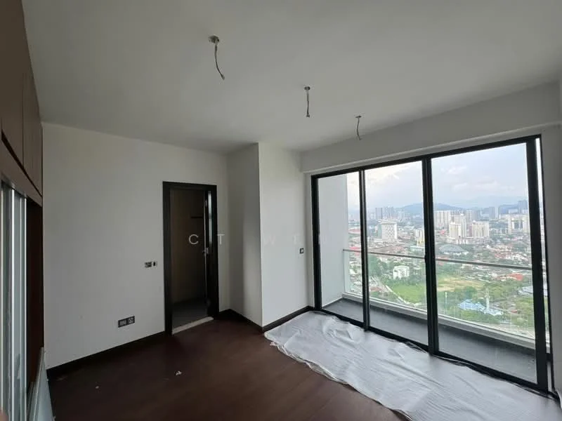 Room features: white painted walls, dark wood flooring, floor-to-ceiling windows, city view, two pendant light fixtures, sliding glass door, unfurnished space, carpeted area on the floor; style: modern; view: city.